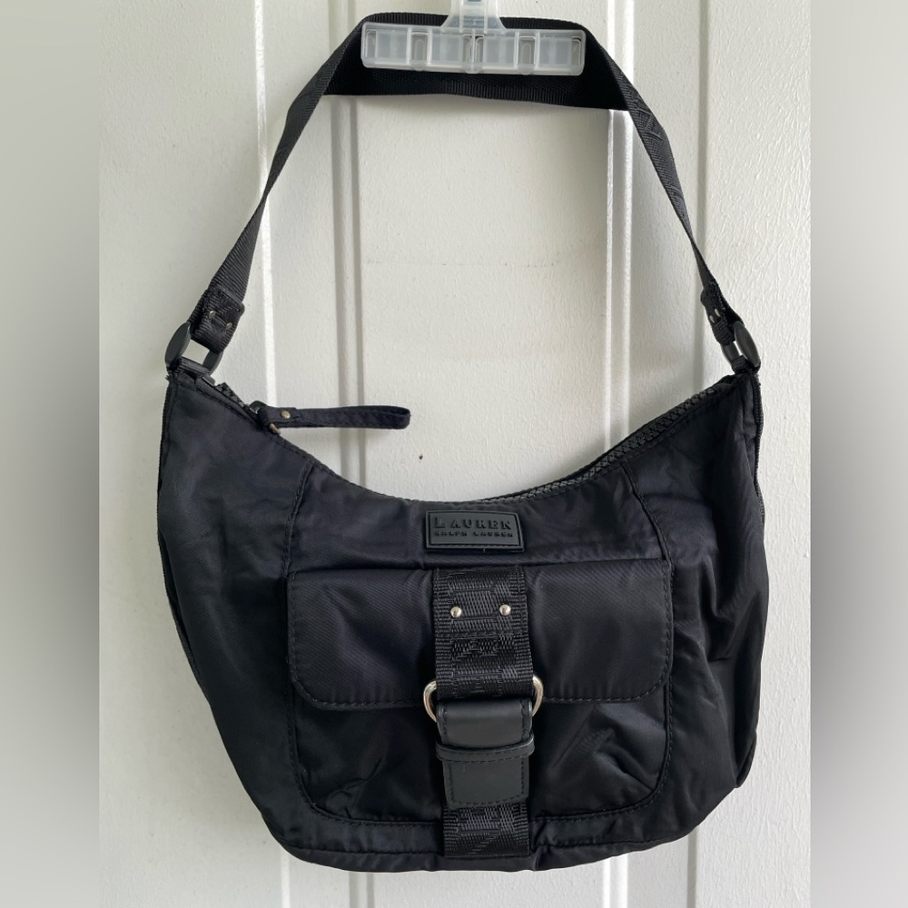 Lauren Ralph Lauren Womens Purse Black Nylon Large Strap Casual Zip Top Bag